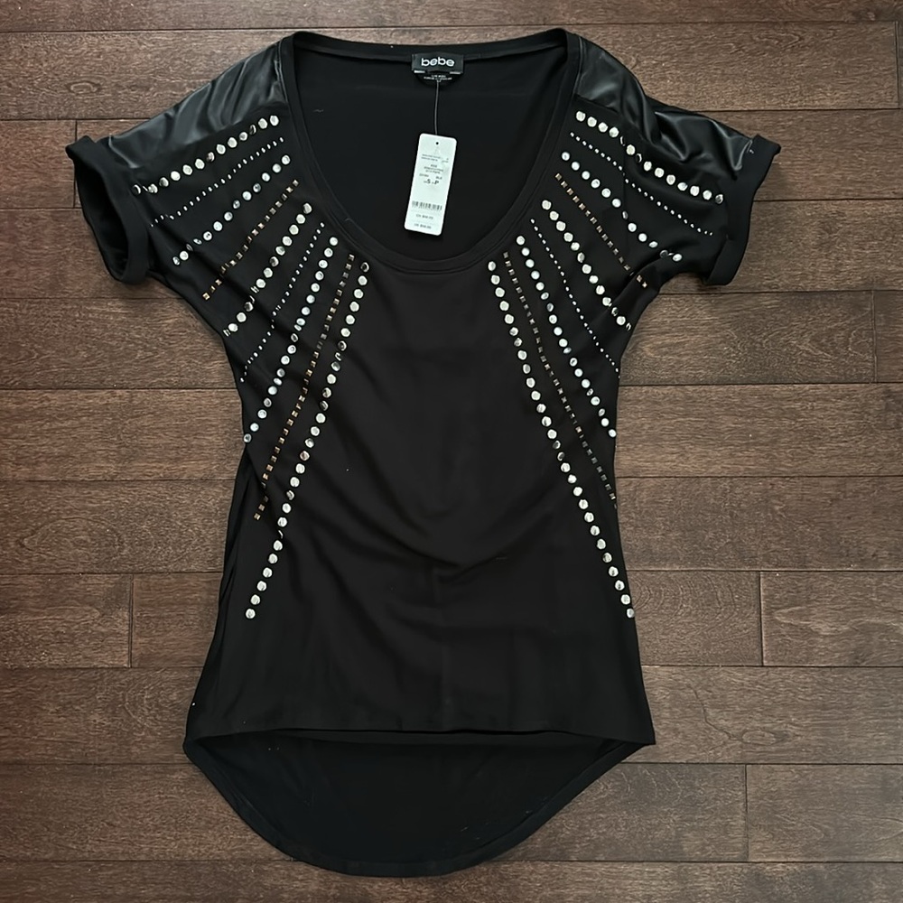 Bebe Embellished Gold & Silver Studded Drape Back Short Sleeve Top NWT S